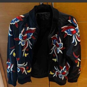 Alice + Olivia Black Bomber Jacket with Multicolor Embroidery